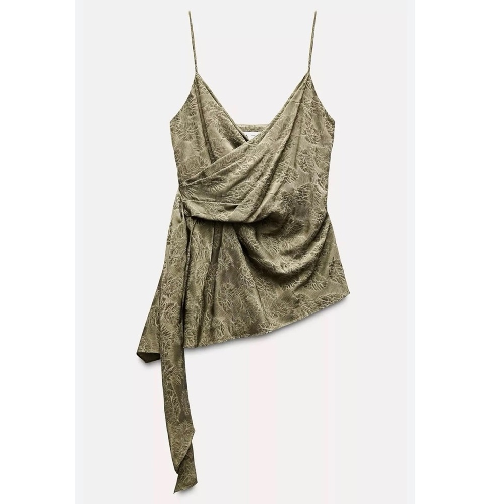 Zara Olive‎ Green Floral Satin Tank Top Size Large